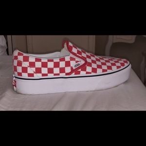 Vans Platform Red/True White checkered shoes.